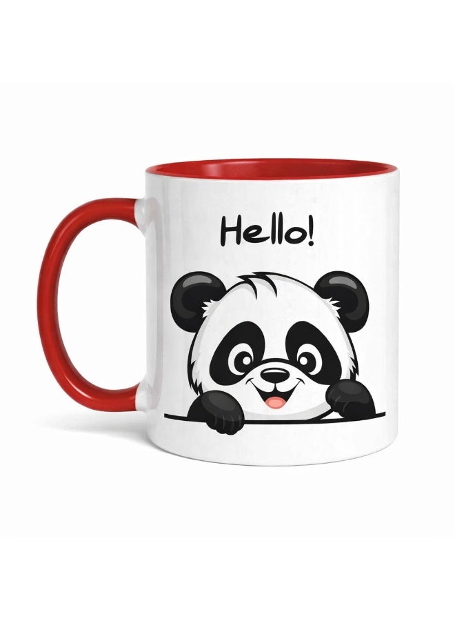 كوب قهوة سيراميك لطيف على شكل باندا مكتوب عليه "مرحباً" - لون أحمر ثنائي (11 أونصة)